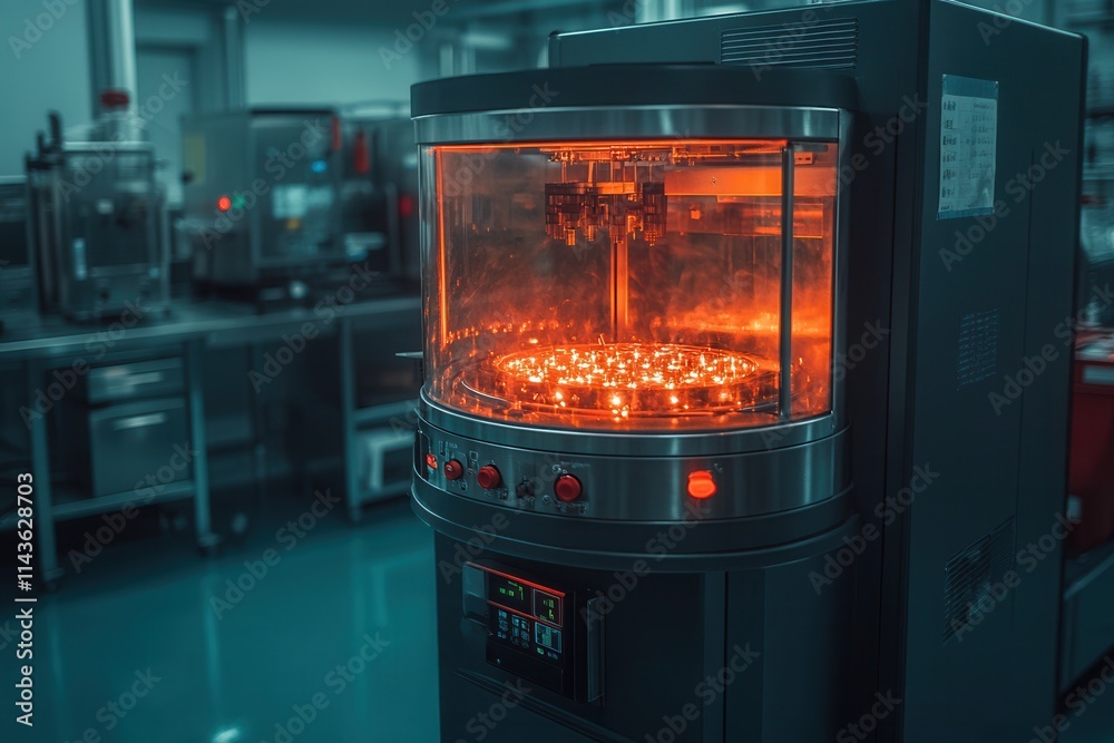Poster a modern machine with a glowing orange interior, set in a laboratory environment, showcasing advance