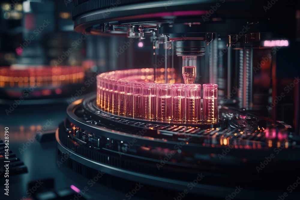 Aufkleber a futuristic laboratory scene featuring illuminated test tubes being processed by advanced machinery