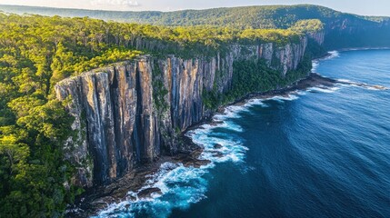 Dramatic aerial view of coastal cliffs and ocean waves during a sunny day in a natural landscape