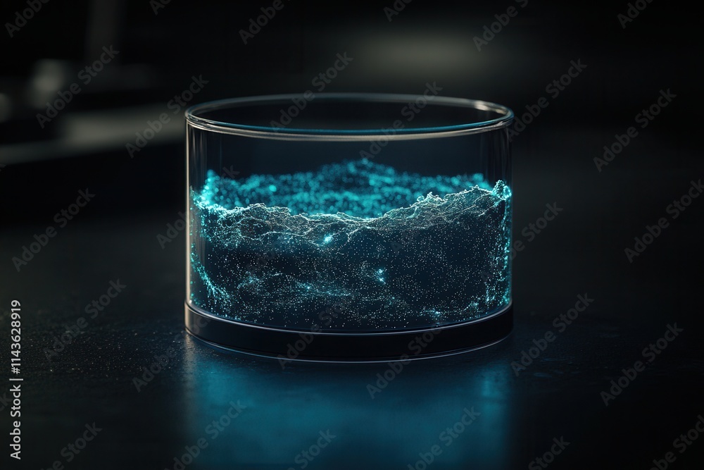 Poster a glowing liquid in a transparent glass container, creating an ethereal blue effect, set against a d