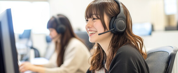 Side view of japanese female call center employee working on customer service while wearing headsets and looking at computer monitor with smiling expressions.