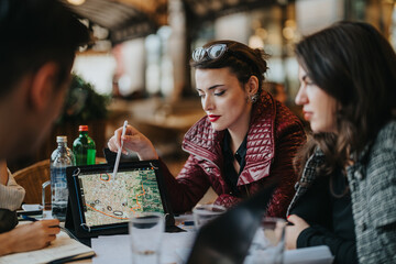 A group of business people discussing strategies outdoors, using tablets and documents in a casual setting. The atmosphere reflects collaboration, innovation, and teamwork.