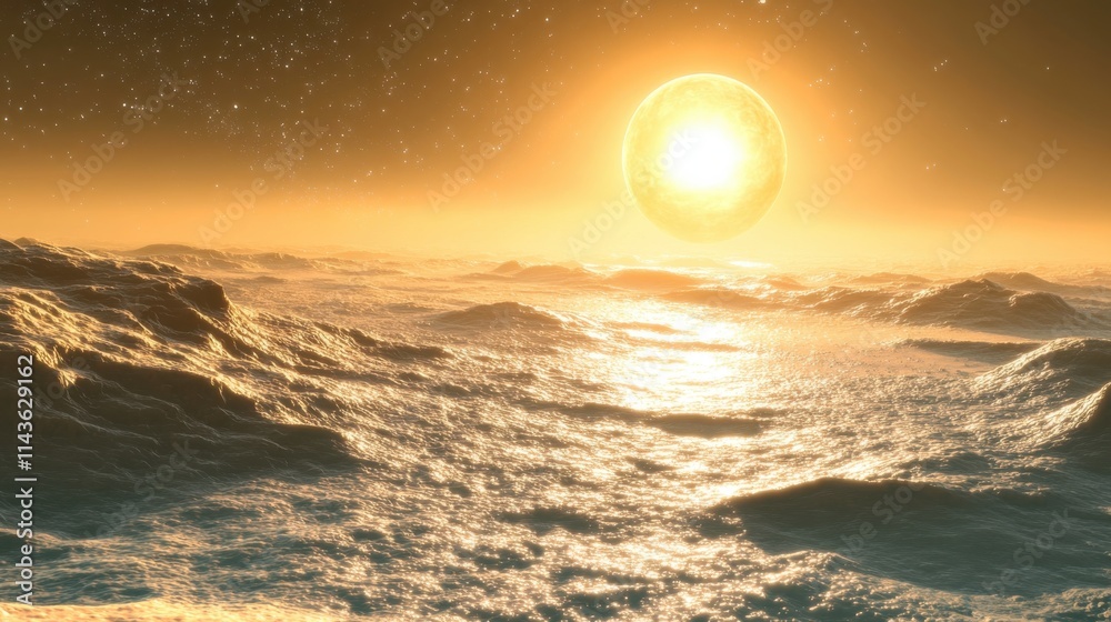 Poster close-up view of an exoplanet's surface illuminated by a distant sun, showcasing its unique landscap