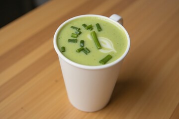 Creamy green soup in white cup with chives on wooden table - minimalist culinary presentation.