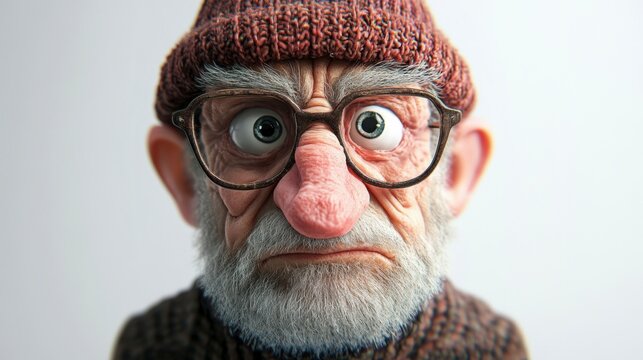 Grumpy Old Man 3D Illustration, Winter Hat, Close-Up Portrait