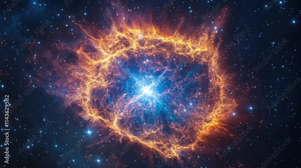 Poster captivating view of a supernova explosion showcasing vibrant colors and cosmic energy in deep space