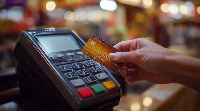 A hand holding a credit card near a card payment terminal in a vibrant, busy retail environment.