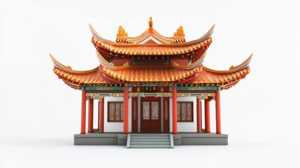 Fototapeta premium Festive Chinese Temple 3D Render, Isolated on White Background