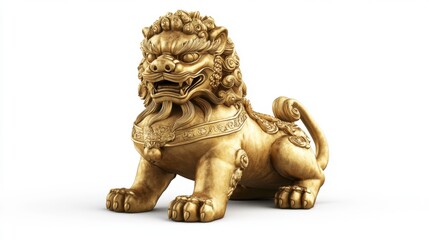 Fototapeta premium Golden Chinese Guardian Lion Statue, 3D Render, Isolated White Background