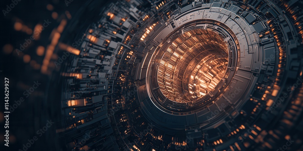 Aufkleber A futuristic, circular structure with glowing lights, creating a captivating, tech-inspired atmosphere.