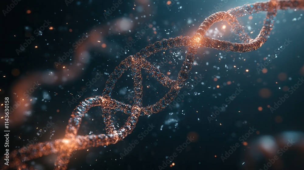 Aufkleber A close-up view of a DNA double helix with shimmering particles, illustrating the complexity and beauty of genetic structures.