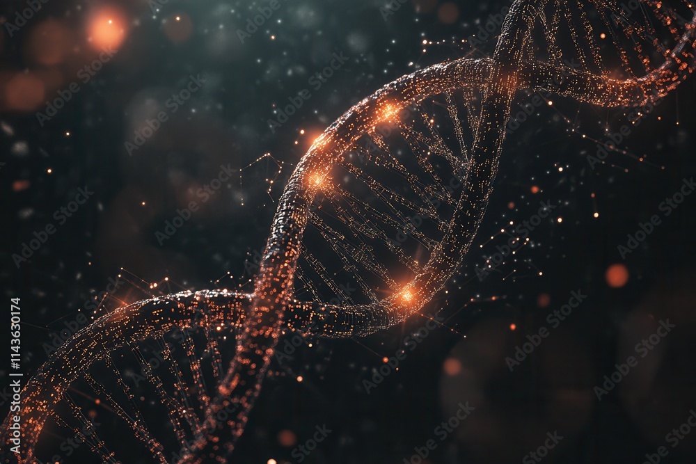 Poster a glowing dna double helix illuminated against a dark background, showcasing intricate details and s