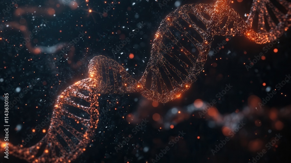 Poster a vibrant, abstract representation of a dna double helix, illuminated with glowing particles, showca