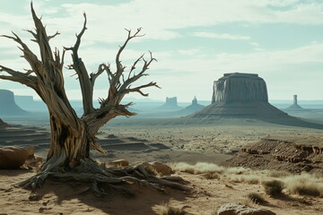 A single dead tree standing against a vast desert. A scene from a western movie. A desolate natural landscape.