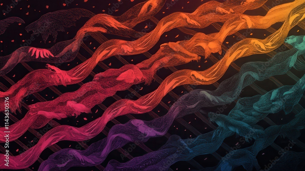 Poster A vibrant, abstract design featuring flowing waves in gradient colors against a dark background, creating a dynamic and energetic visual effect.