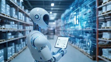 AI-Powered Warehouse Management: A futuristic robot utilizes advanced technology in a modern warehouse, showcasing seamless inventory management and automation.  