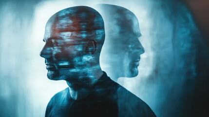Obraz premium Dual Identity: A man's profile is overlaid with a ghostly double, creating an ethereal image of duality, mystery, and inner conflict. The cool blue tones enhance the enigmatic mood. 