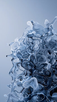 An abstract water sculpture captures the beauty of transparent liquid frozen in motion, forming complex shapes and ethereal blue hues that create a captivating visual experience