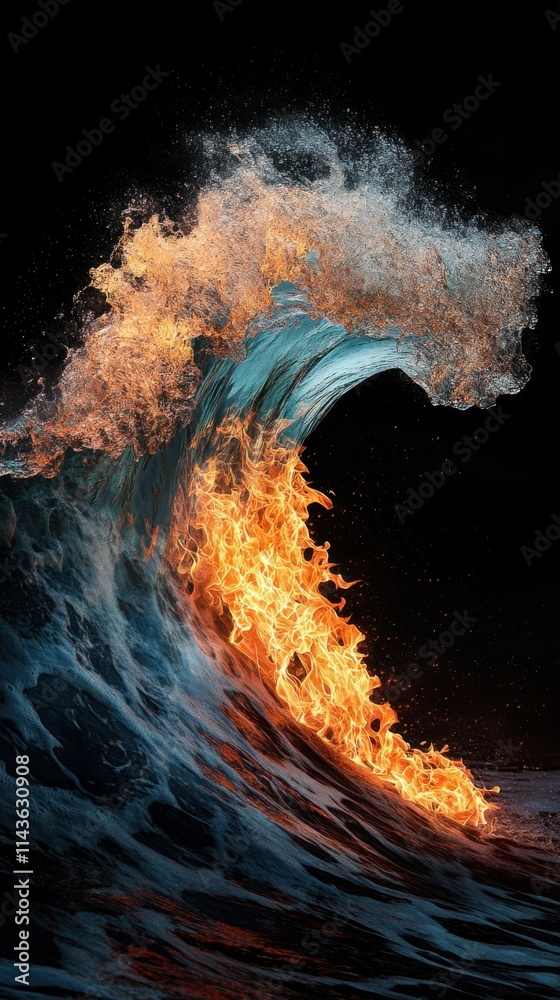 Poster layering of ocean wave and crackling fire creates a surreal visual experience in harmony