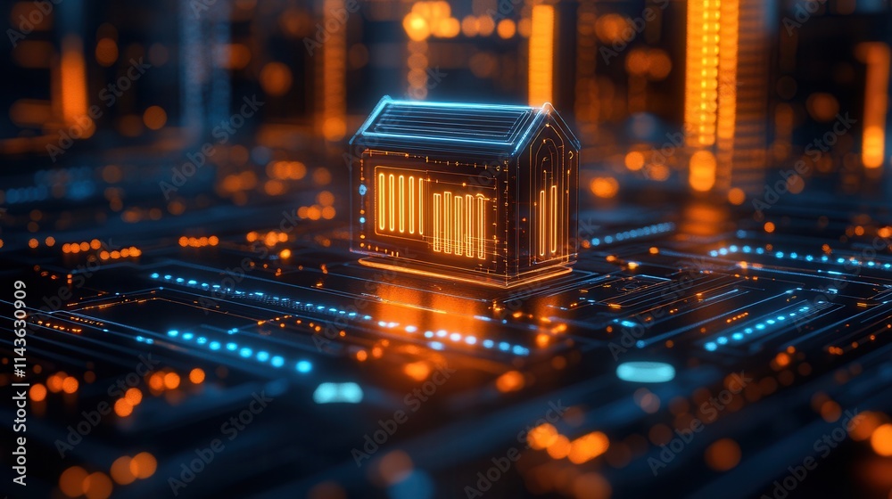 Poster a glowing, futuristic house stands on a digital circuit board, symbolizing the intersection of techn