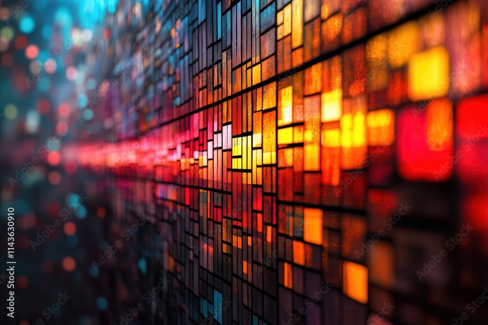 Poster A vibrant, abstract depiction of colorful tiles reflecting light, creating a dynamic visual effect.