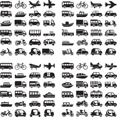 Set of logotype icons transport Bus, train, bicycle, airplane, boat, car, truck, scooter, ferry, motorcycle, taxi, rickshaw, helicopter vector illustration silhouettes in white background
