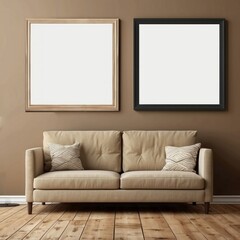 Beige Sofa with Two Blank Framed Pictures on Brown Wall