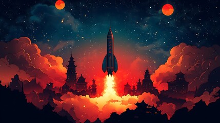 Naklejka premium Rocket Launching Into the Sky Above a Bustling City 