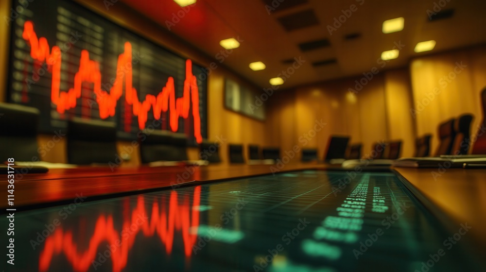 Poster a conference room features a digital display showing declining stock market trends, with a focus on 