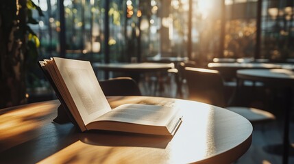 Open book on cafe table, sunlit.