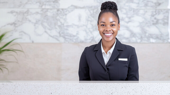 Welcoming Smile: A warm and confident woman in a professional suit welcomes guests at a hotel reception desk, exuding an aura of hospitality and service.