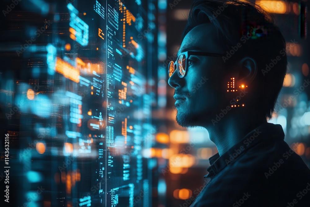 Poster a focused individual analyzes digital data on a futuristic interface, illuminated by vibrant blue an