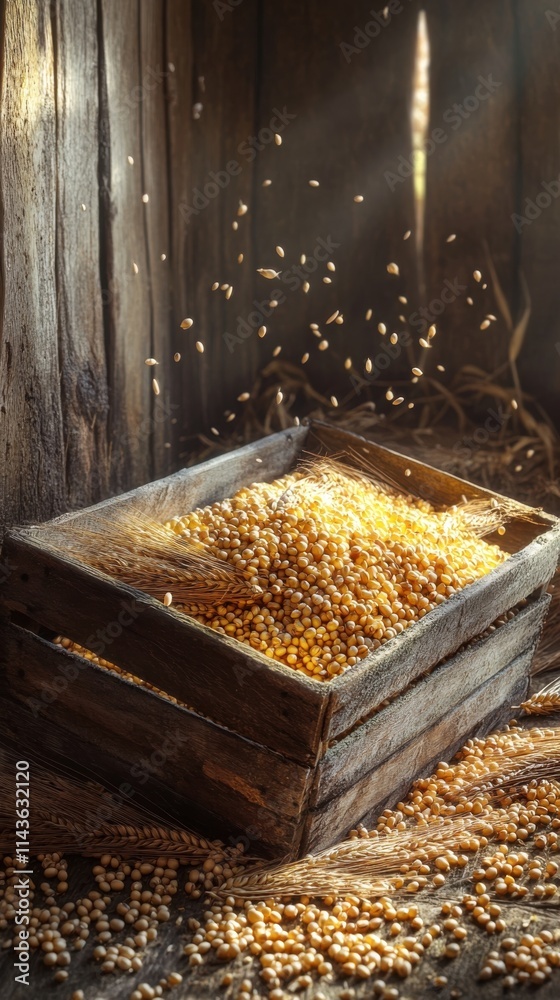 Aufkleber Wooden crate overflowing with grains in rustic barn illuminated by soft sunlight