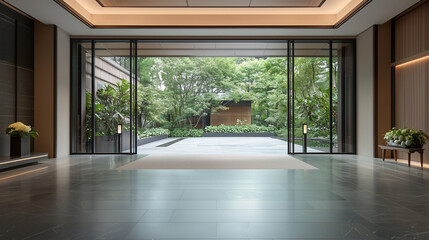 Fototapeta premium Serene Sanctuary: A captivating view through expansive glass doors reveals a lush, tranquil courtyard garden, creating a serene and inviting atmosphere within a modern building. 