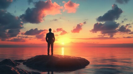 Fototapeta premium Silhouette of a Businessman at Sunset by the Ocean, Contemplating Future Success and Opportunities