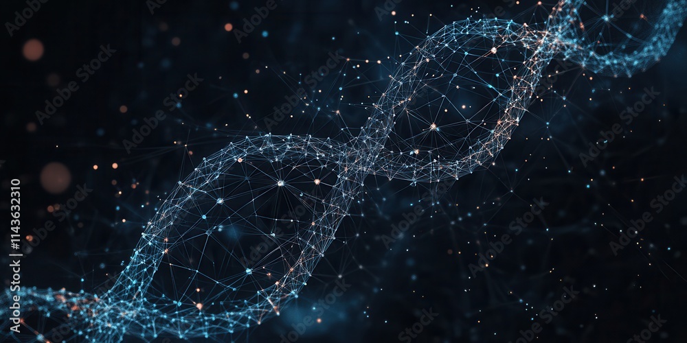 Poster a digital representation of a dna double helix with glowing particles, illustrating themes of geneti