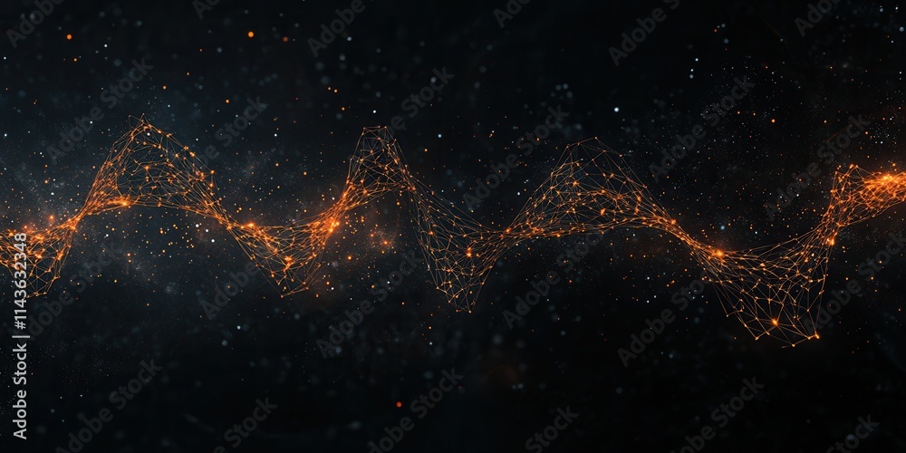 Poster a mesmerizing wave of glowing particles on a dark background, evoking a cosmic or ethereal atmospher