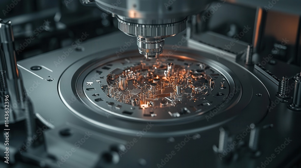 Aufkleber A close-up view of a precise machine component with intricate details and glowing elements, showcasing advanced technology in action.