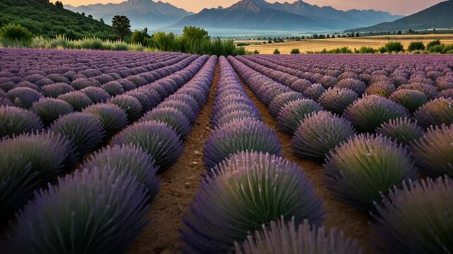 lavender flower garden with mountain background