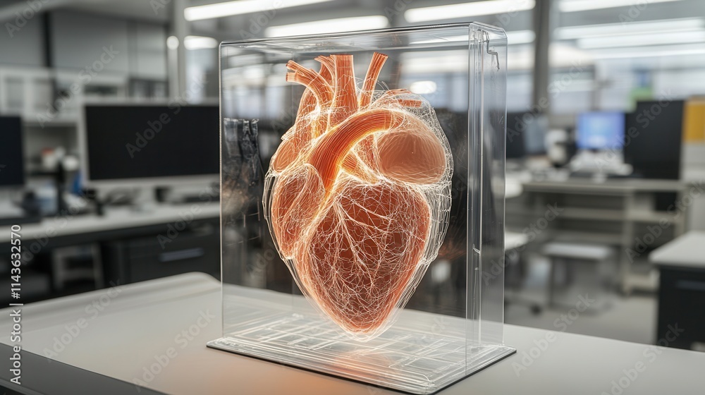 Poster A glowing 3D model of a human heart displayed in a transparent case, set in a modern laboratory environment with computers in the background.