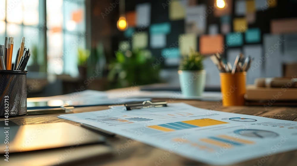 Poster a cozy workspace featuring a cluttered desk with papers, plants, and stationery, illuminated by natu