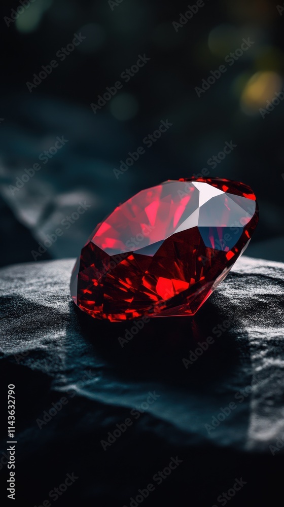 Poster radiant garnet gemstone displays deep red tones on a textured surface in captivating light