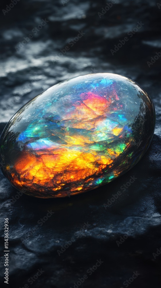 Poster Polished opal showcasing vibrant colors and mesmerizing patterns resting on a textured surface