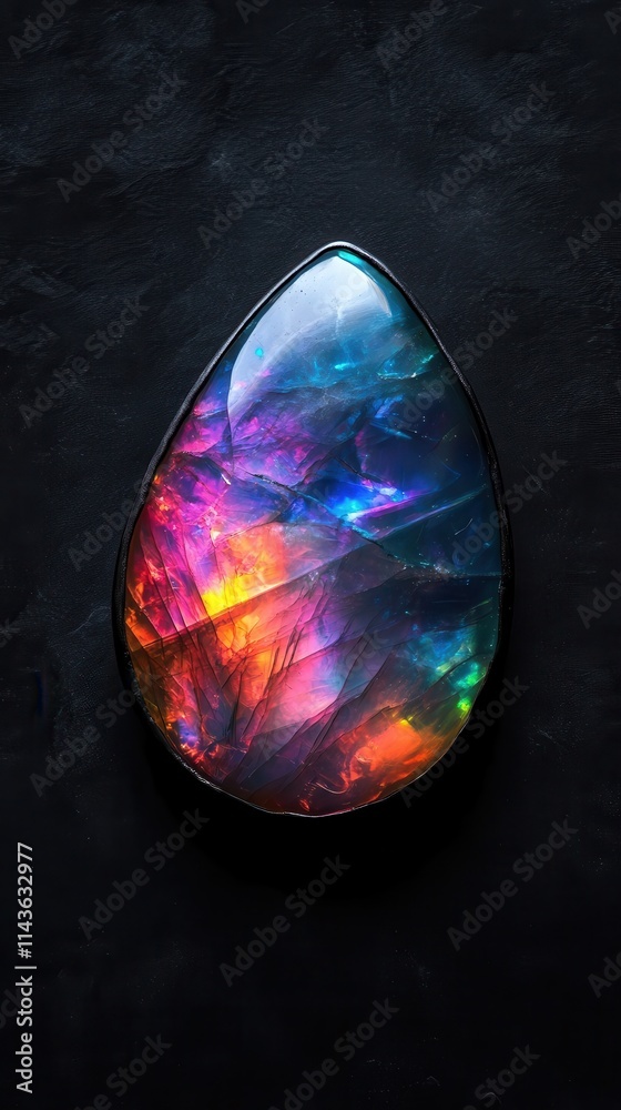 Poster polished opal showcasing vibrant colors and intricate patterns in a teardrop shape