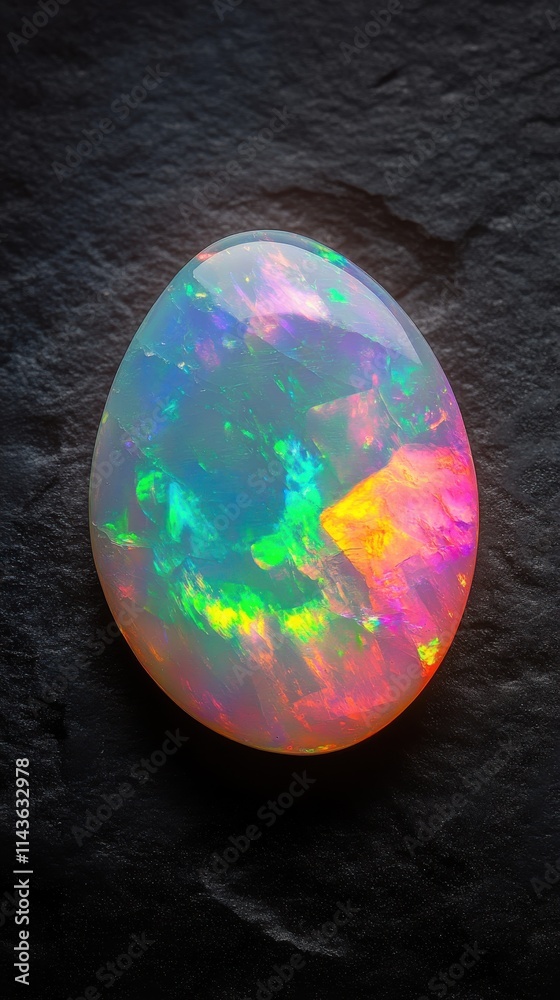 Poster Polished opal showcasing vibrant colors and patterns on a dark background in a close-up view
