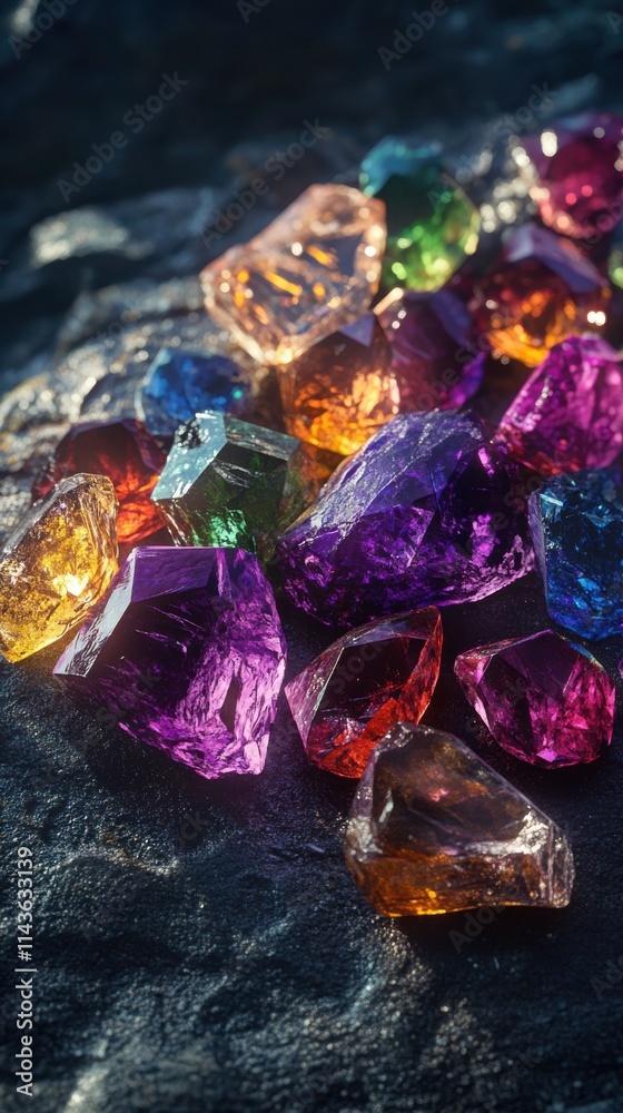 Poster pile of vibrant uncut gems showcasing a range of colors in natural light on a dark surface