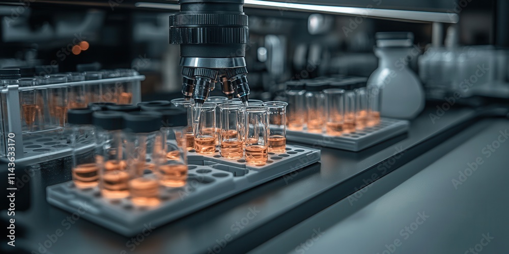 Poster A close-up view of laboratory test tubes filled with orange liquid, positioned on a lab bench next to a larger container, showcasing a scientific environment.