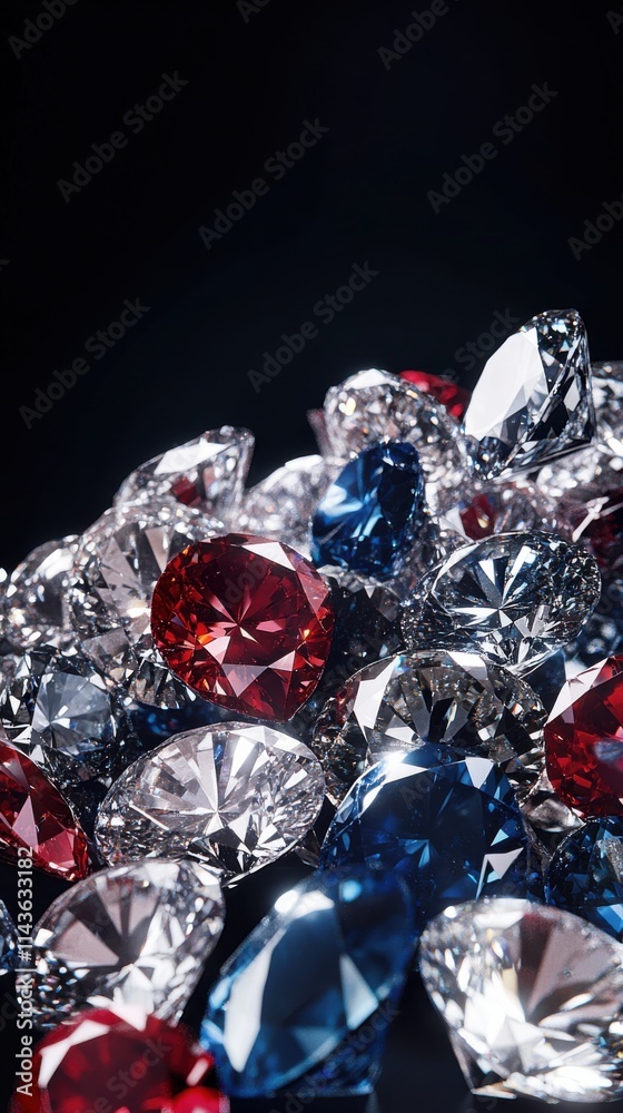 Poster Pile of shimmering diamonds and rubies sparkling under soft light in a dark setting