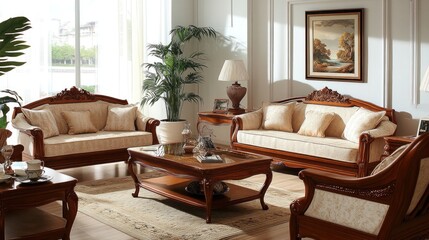 Elegant Living Room Decor with Ornate Wooden Furniture