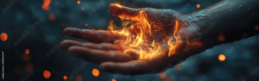 Poster hand reaching out with shimmering water droplets in a dramatic display of nature's elements during t